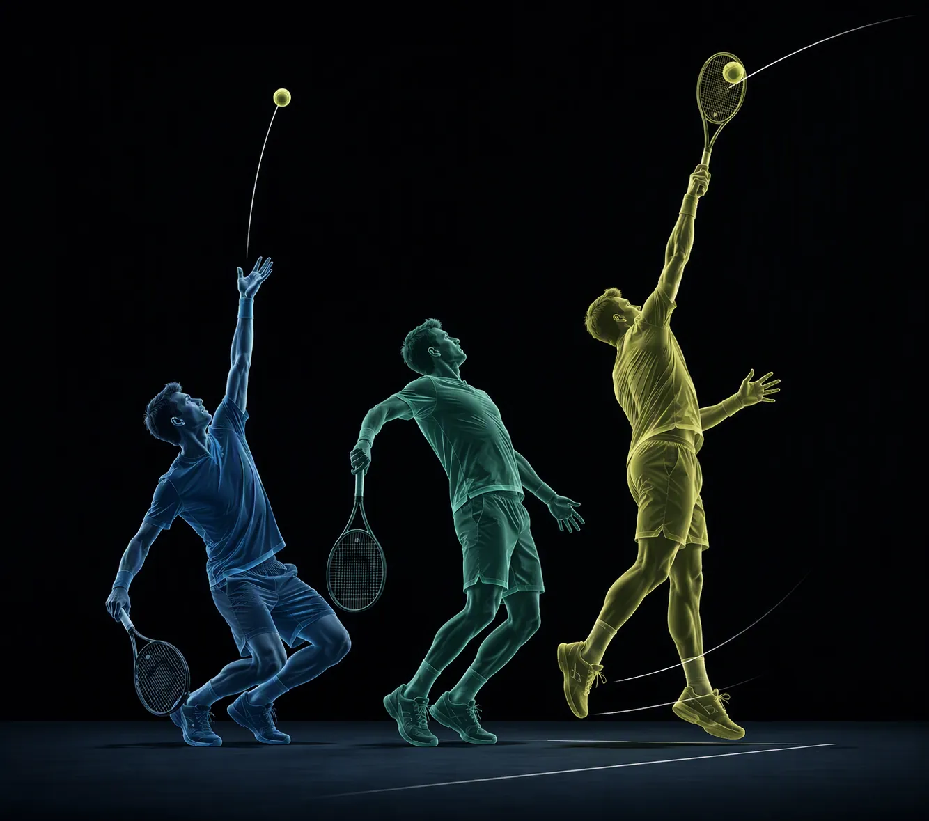 Three-stage illustration of a tennis serve showing high toss, racket drop, and upward leg drive