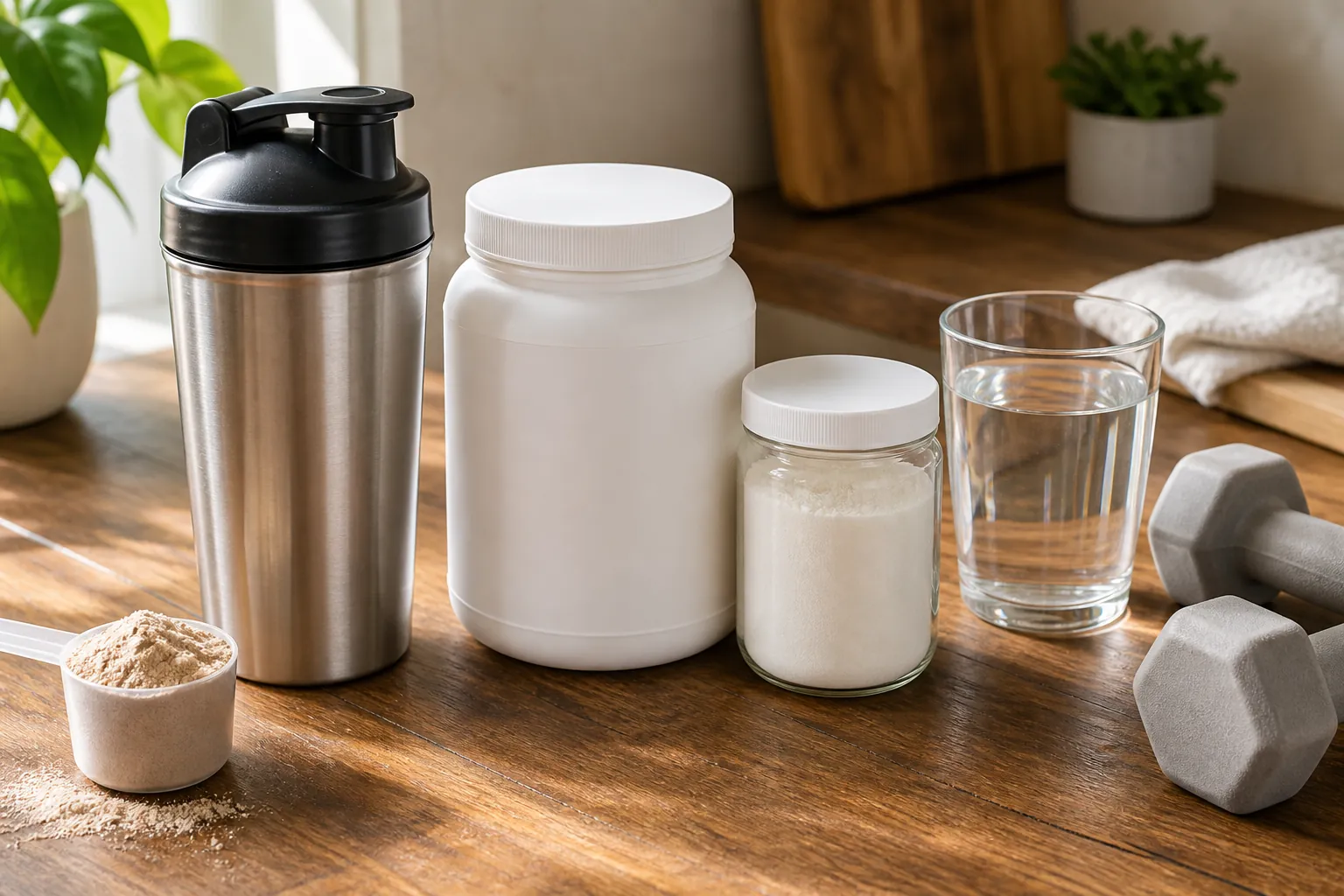 Protein powder, creatine, collagen, water, and light dumbbells on a wooden table