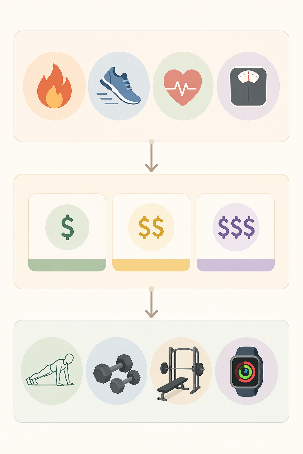 Decision framework showing fitness goal, budget, and equipment filters