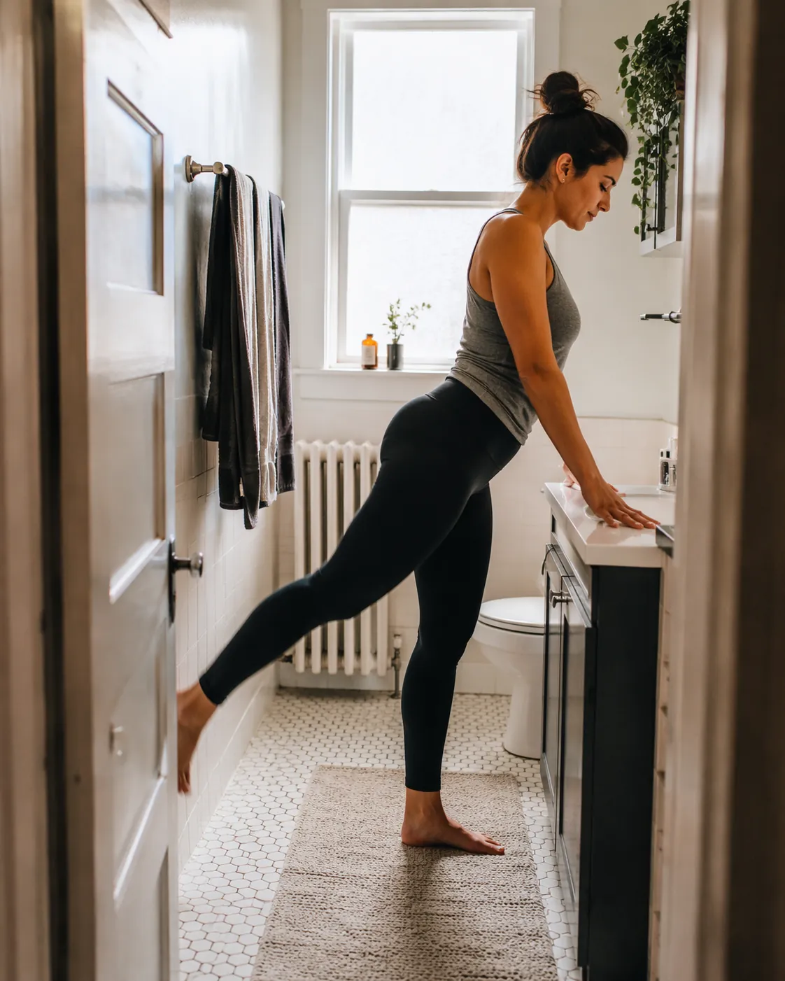 Woman doing a standing glute kickback in a narrow bathroom beside a sink