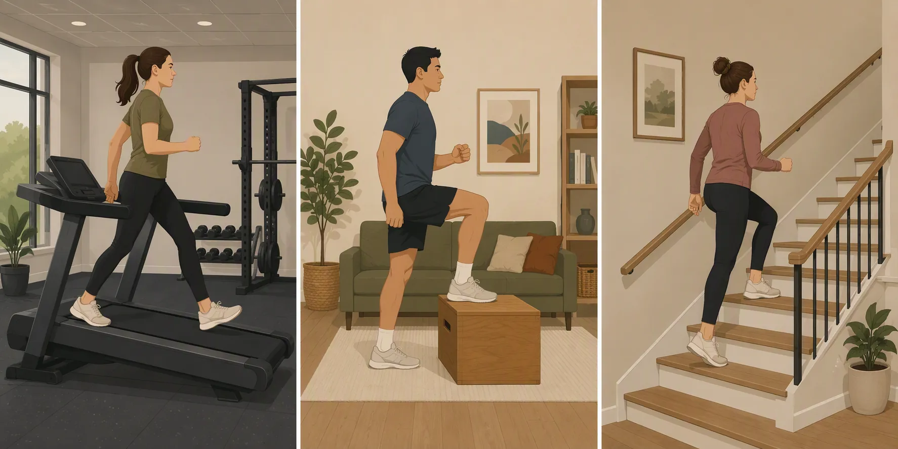 Three indoor methods for replicating trail elevation: incline treadmill, low step-ups, and staircase climbing