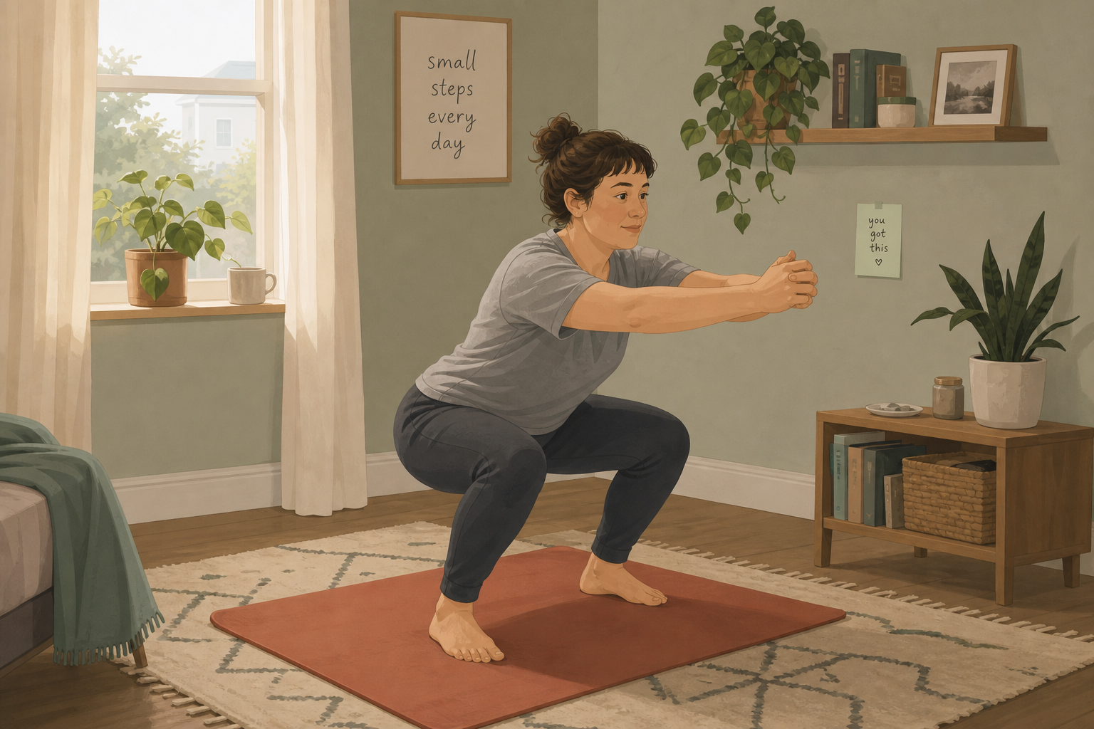 An ordinary person doing a bodyweight squat on a yoga mat in a small, softly lit living room corner with a plant, conveying a calm and accessible 'this is enough to start' feeling.