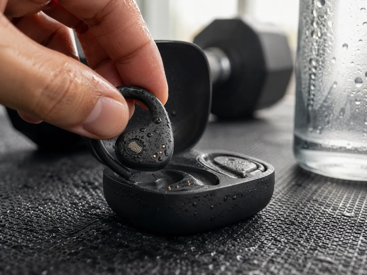 Open-ear earbud being placed into a charging case with sweat droplets near the charging contacts