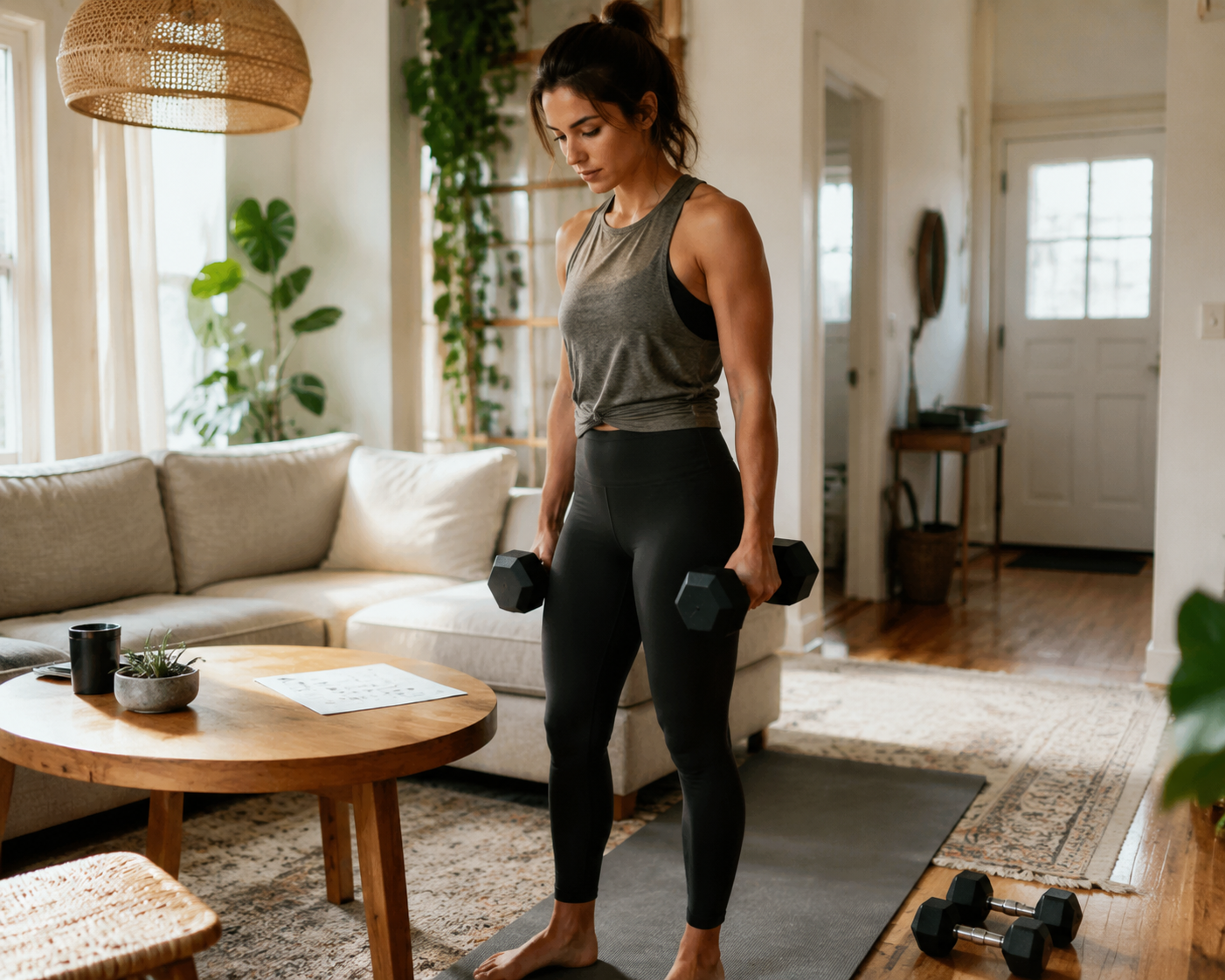 Woman in a sunlit living room holding dumbbells beside a printed workout plan