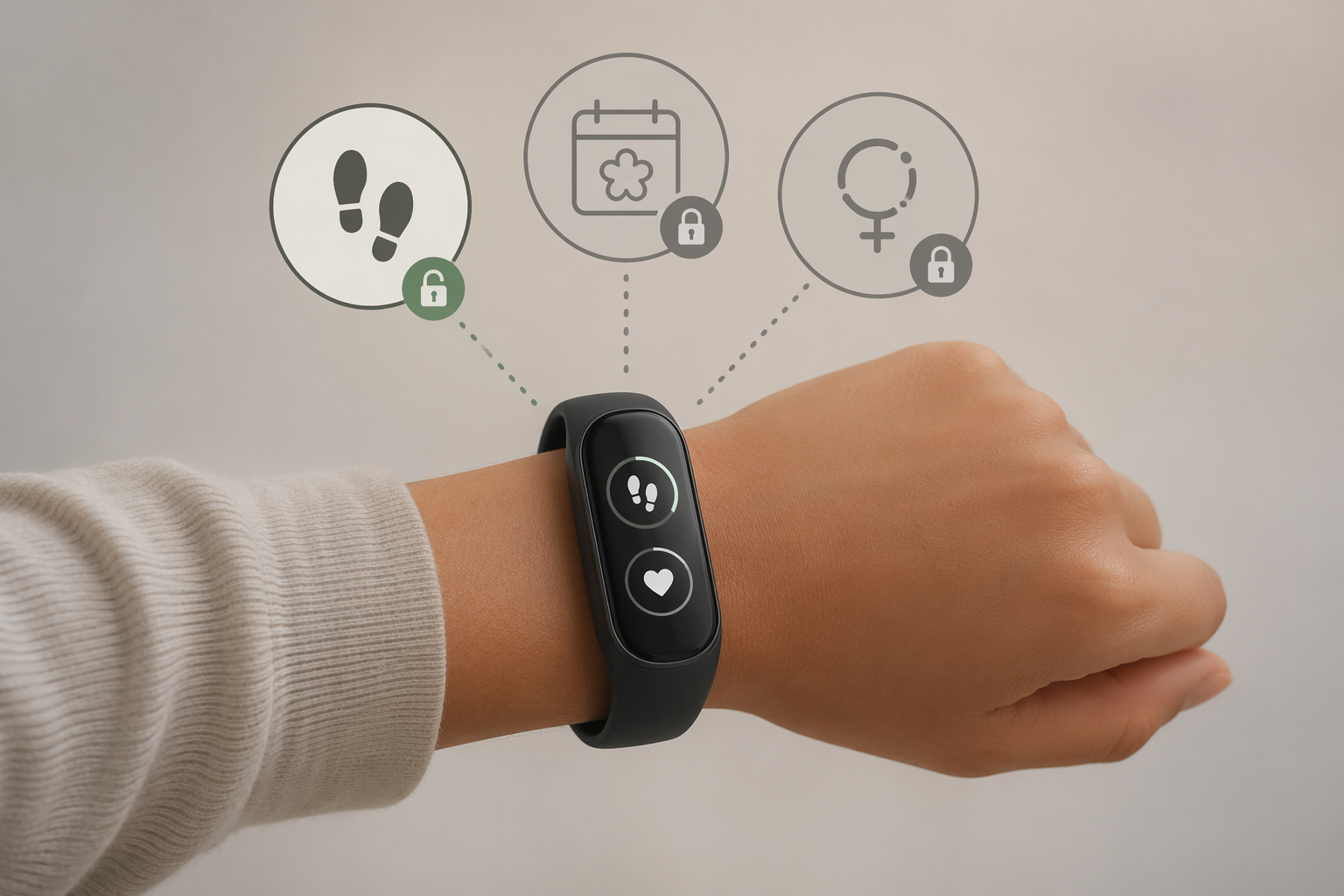 Editorial concept illustration of a wrist wearing a fitness tracker silhouette with floating feature icons — step count and heart rate icons are unlocked, while women's health features (cycle tracking, fertility insights) appear grayed out behind a padlock symbol, representing the subscription paywall practice