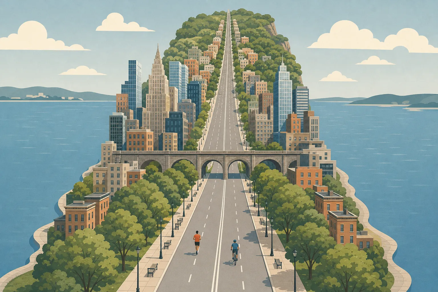 Illustration of the Manhattan Summer Streets corridor divided into flat, viaduct, and uphill training zones for a runner and cyclist