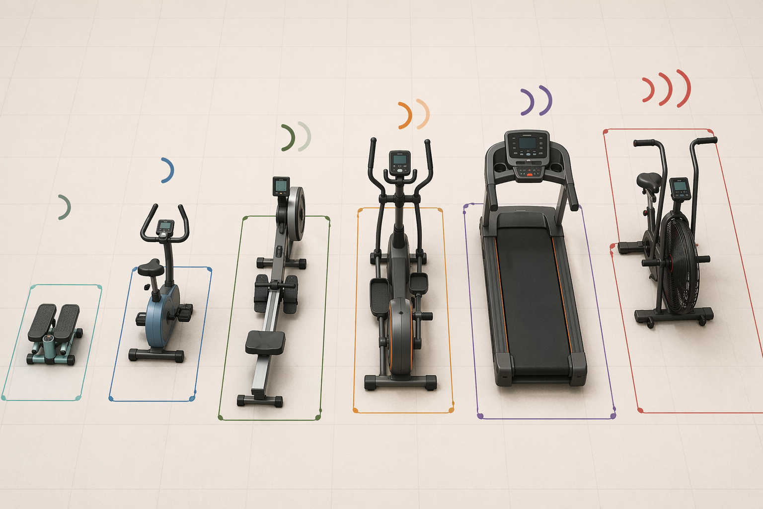 Six cardio machine types arranged by footprint on a grid floor with relative sound-wave indicators
