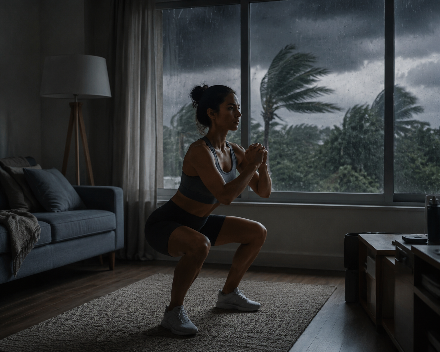 Person doing a bodyweight squat in a dim apartment during stormy weather