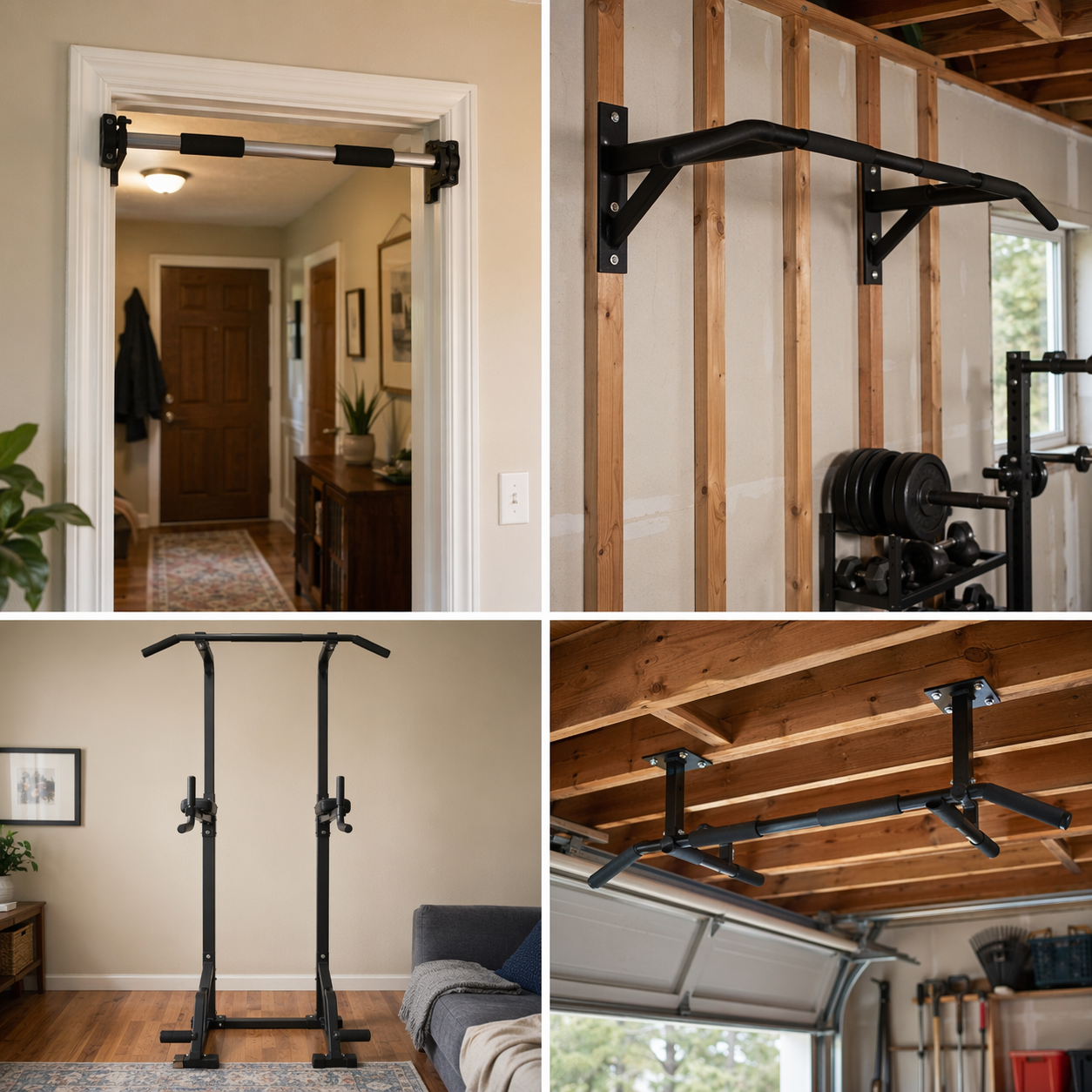 Four pull-up bar types shown in home settings: doorway, wall-mounted, freestanding, and ceiling-mounted
