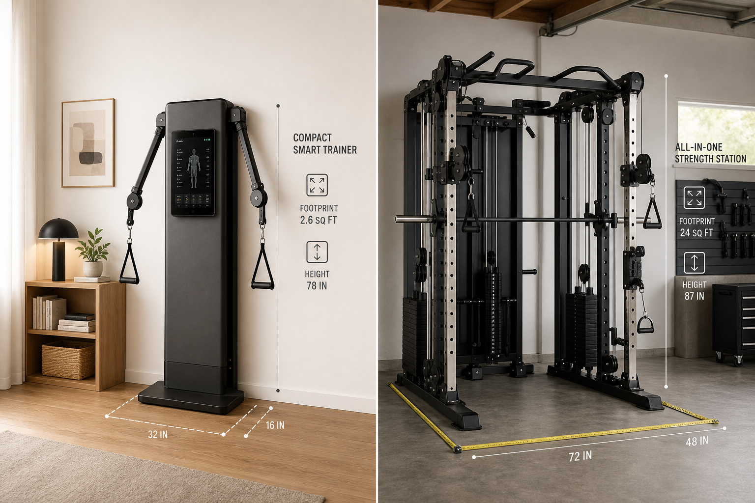 Split-composition product scene showing two all-in-one home gym machines at different scales: left side a compact smart trainer with digital screen and cable arms in a bright apartment corner, right side a large multi-stack machine with Smith machine and cable pulleys in a garage, with floor dimension markers at the base of each machine