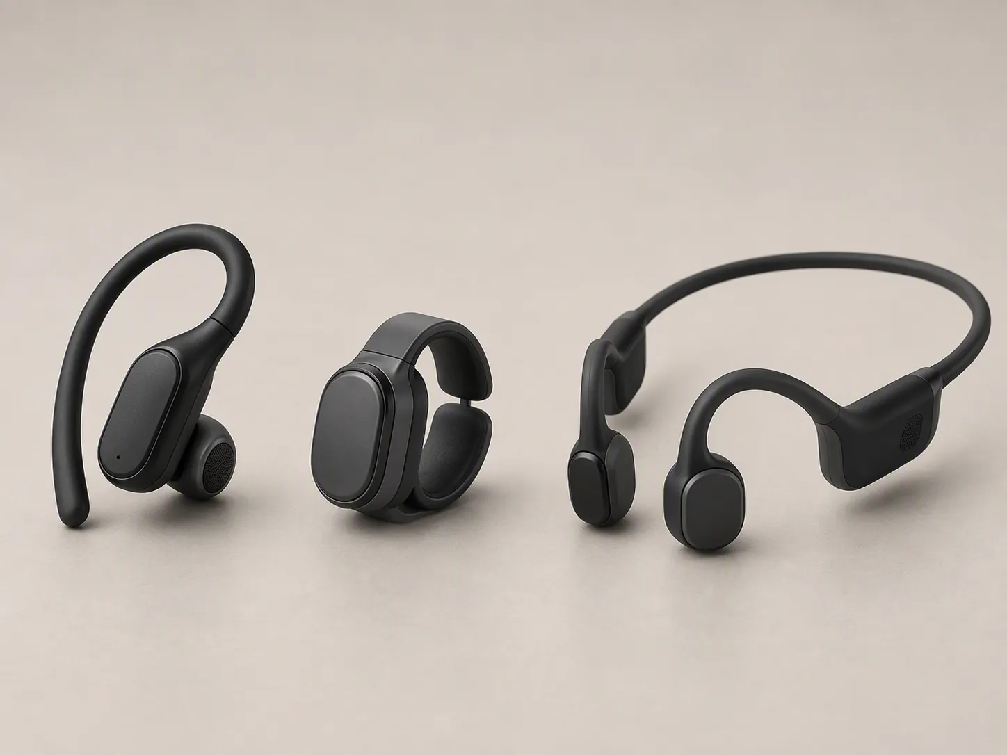 Three open-ear designs showing an ear-hook earbud, a clip-style earbud, and a bone-conduction neckband
