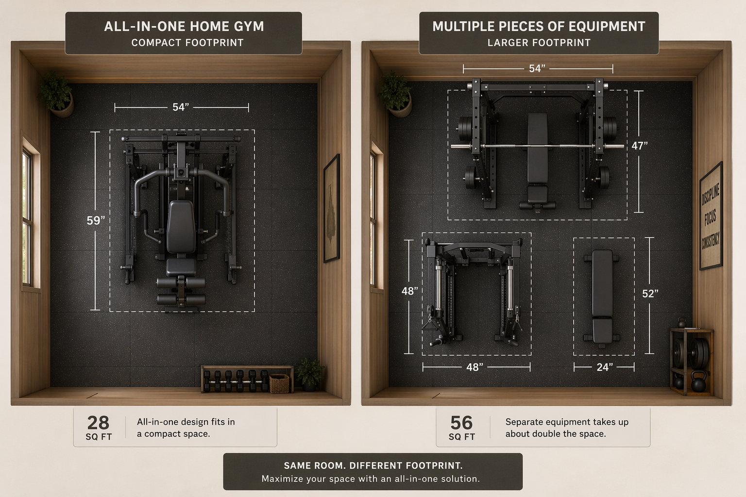 Top-down layout comparison: a compact all-in-one machine footprint on the left vs. separate power rack, functional trainer, and bench spread across roughly double the floor area on the right.