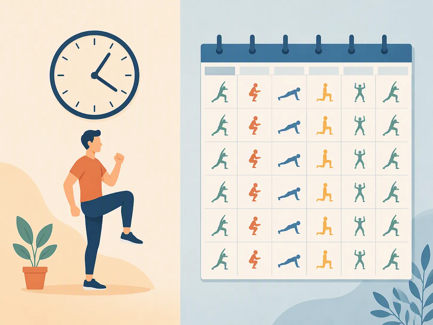 Illustration contrasting a single workout clock with a calendar of repeated workouts