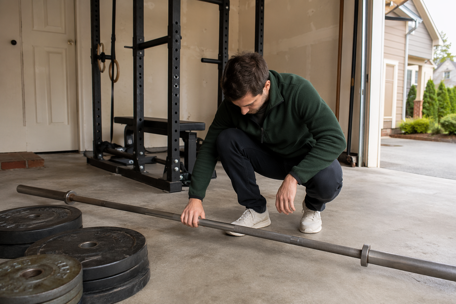 Person inspecting a used barbell and weight plates in a garage gym