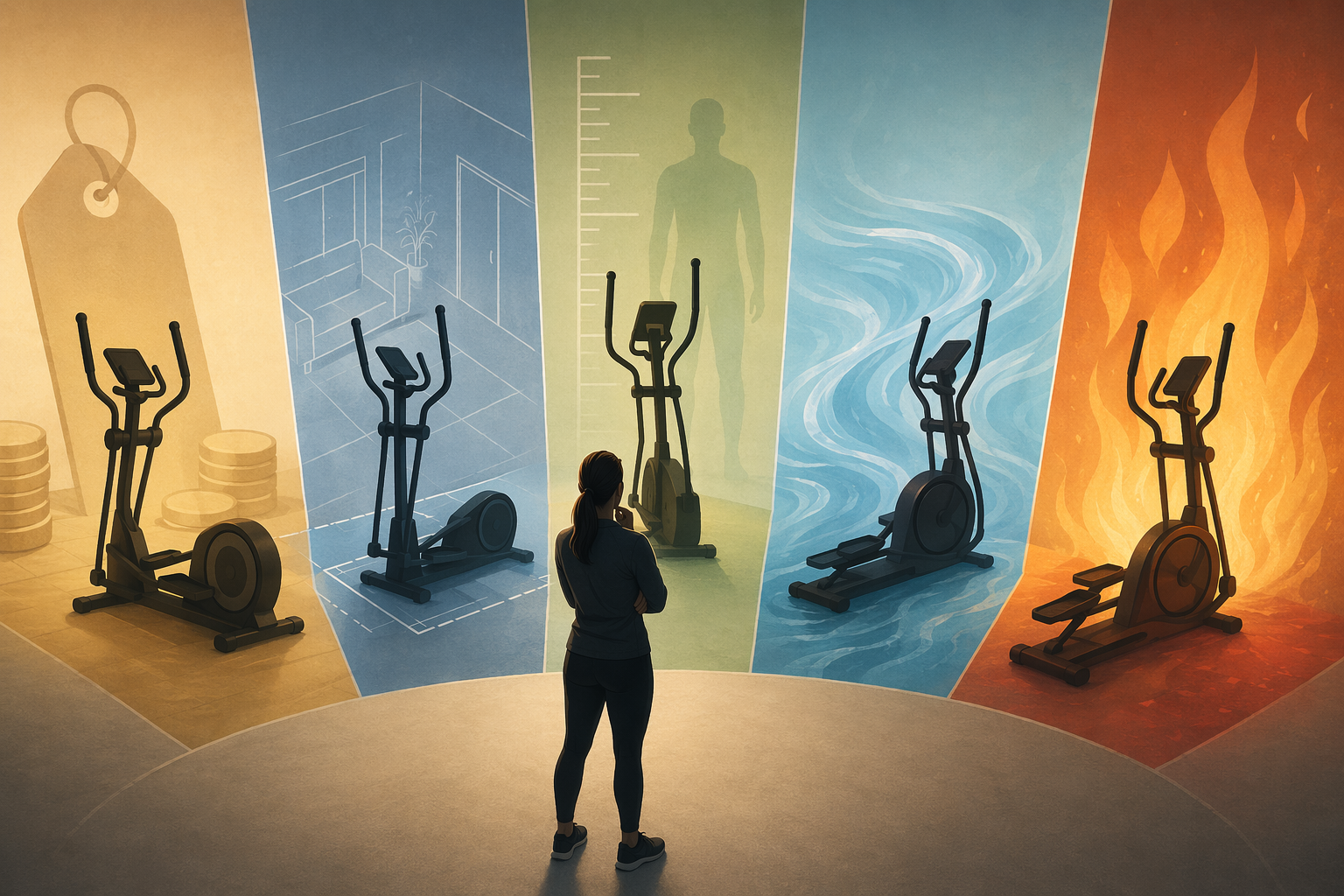 Five elliptical decision zones for budget, space, stride, joints, and intensity surrounding one home user