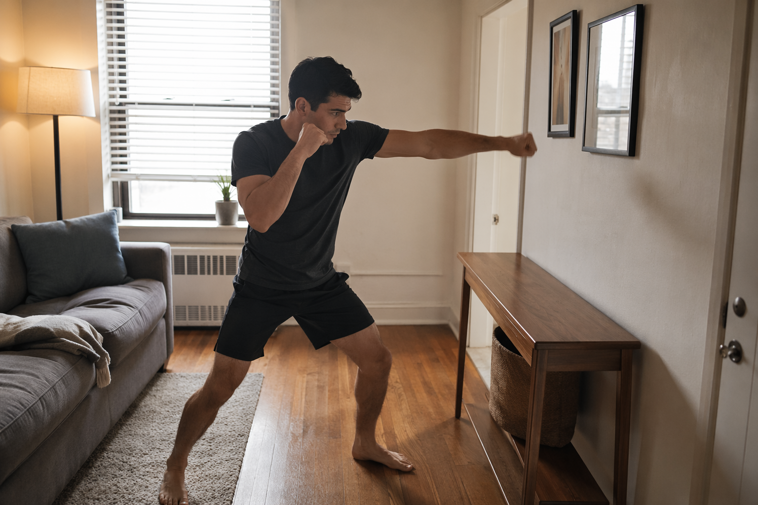Person throwing a cross while shadowboxing in a small apartment living room