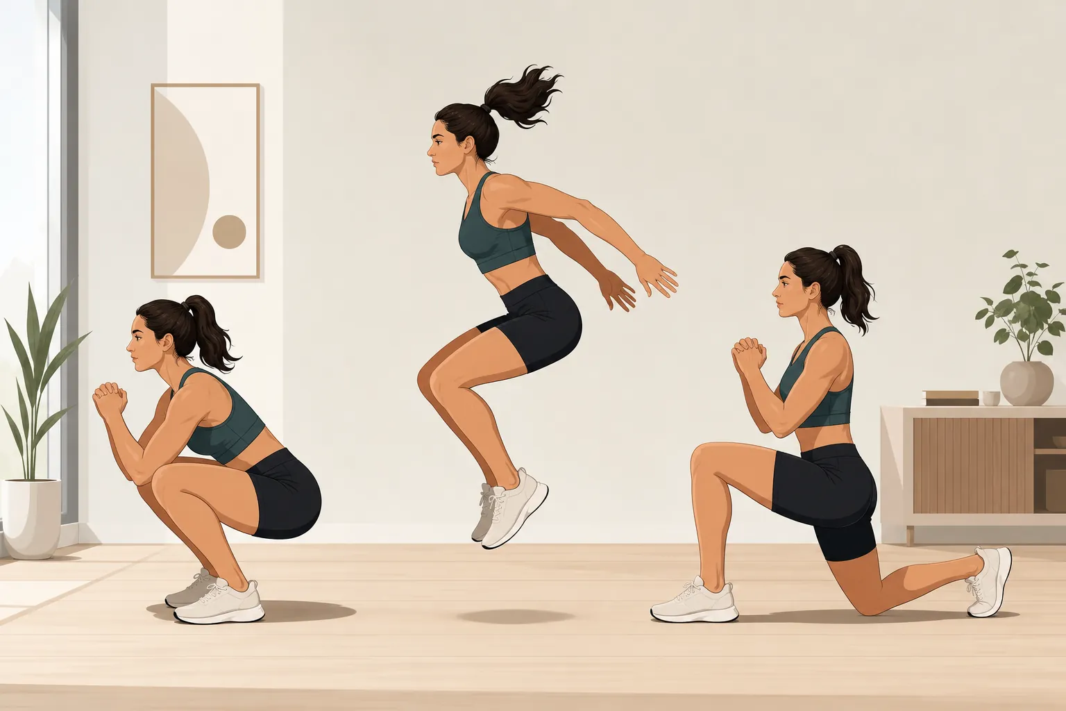 Illustration of deep squat, seated-start jump, and lunge-switch positions for explosive lower-body training in an apartment