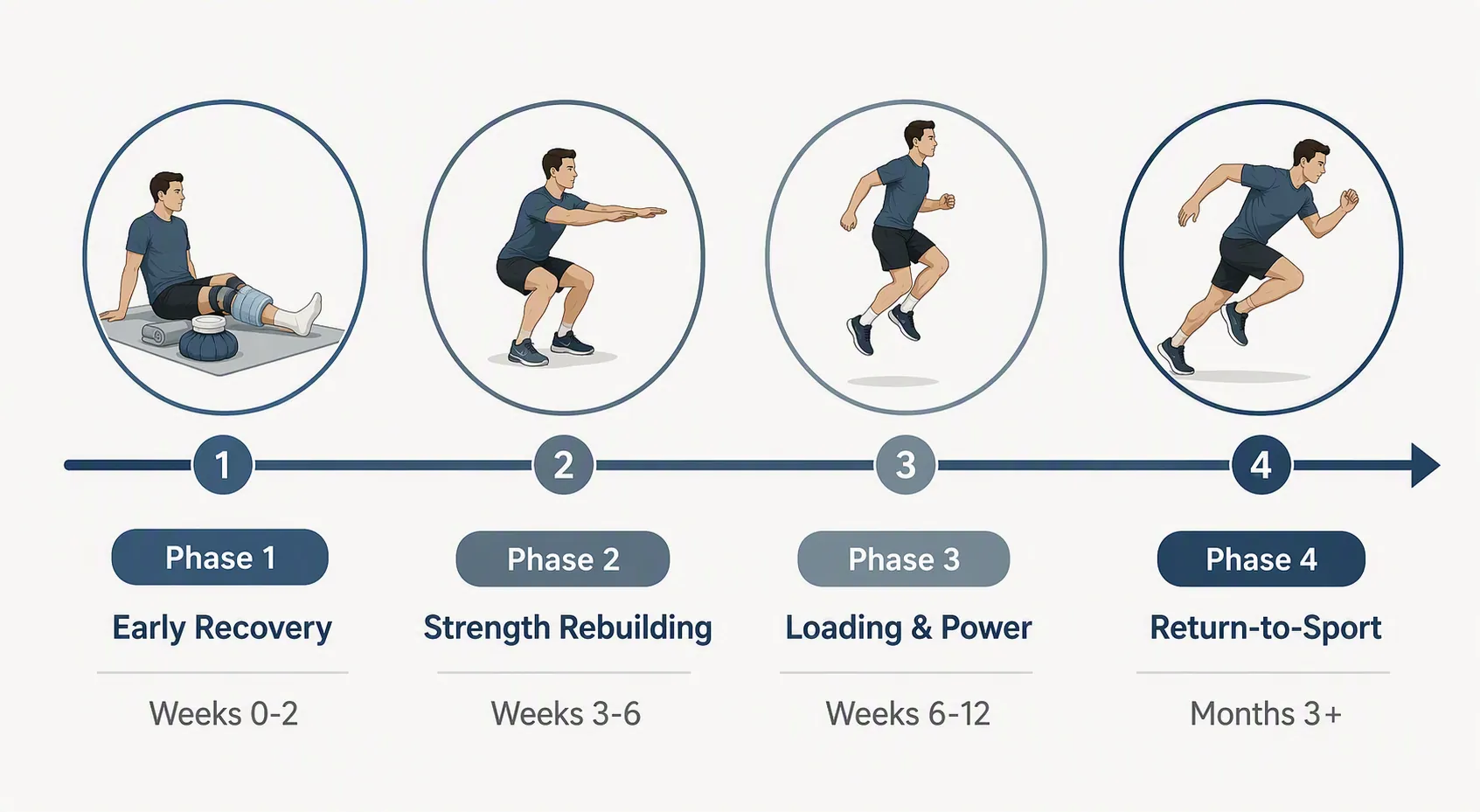 Four-phase knee rehab timeline from early recovery to return to sport