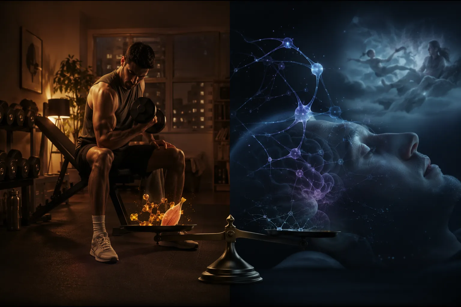 Split composition showing apartment dumbbell training on one side and REM-brain imagery on the other, connected by a sleep tradeoff fulcrum