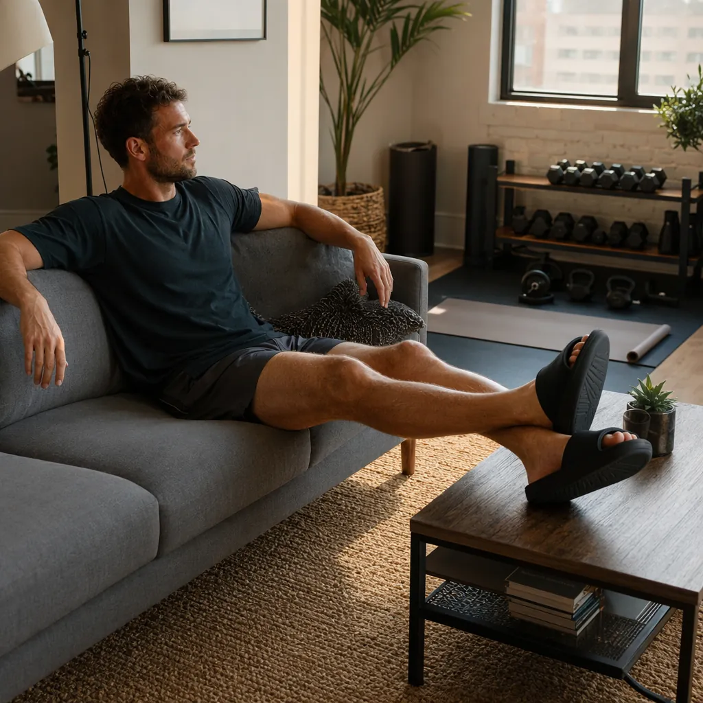 Person wearing recovery slides in a small apartment with home workout gear nearby
