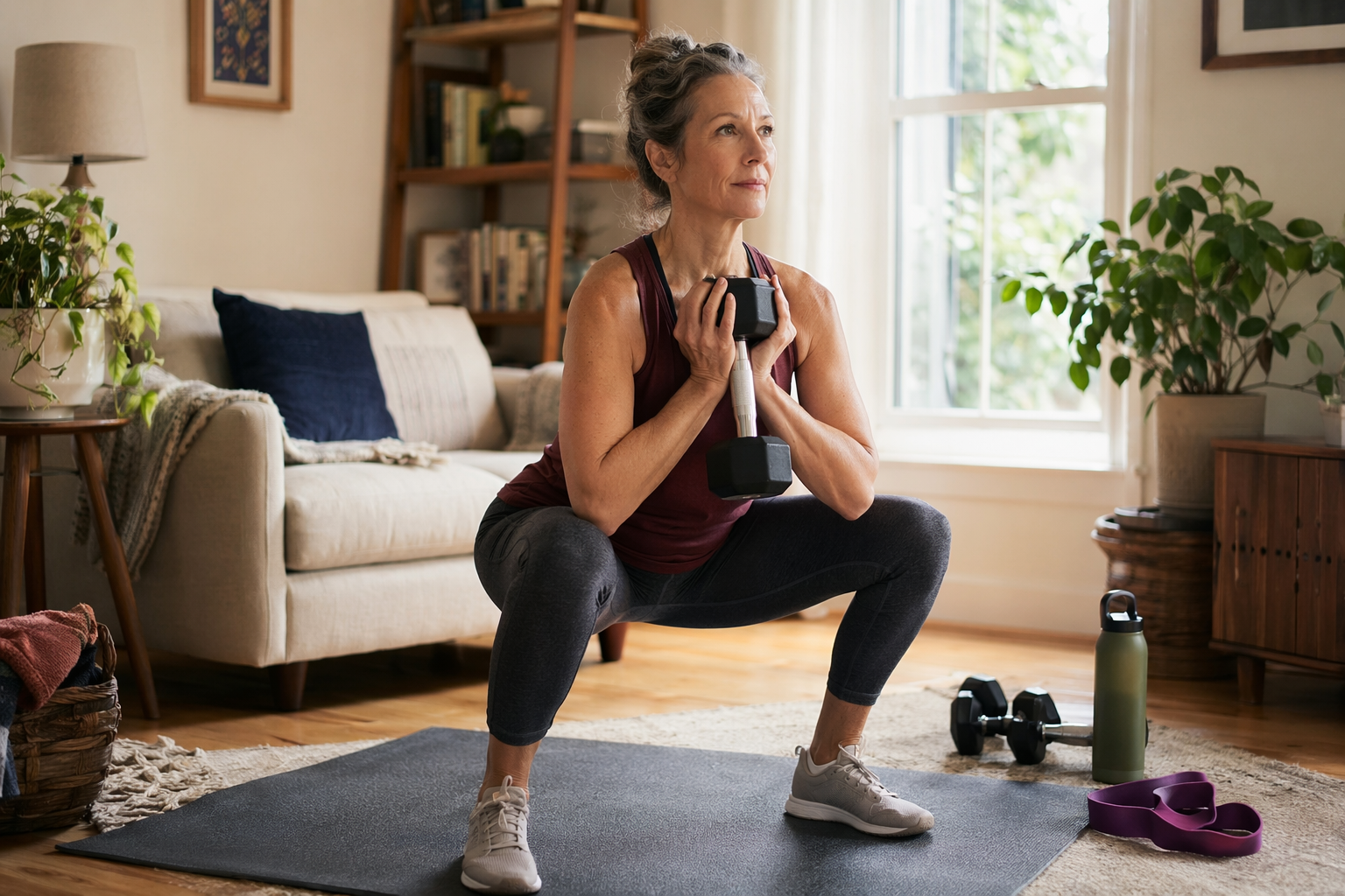 Woman in her mid-40s performing a goblet squat with a dumbbell in a living room