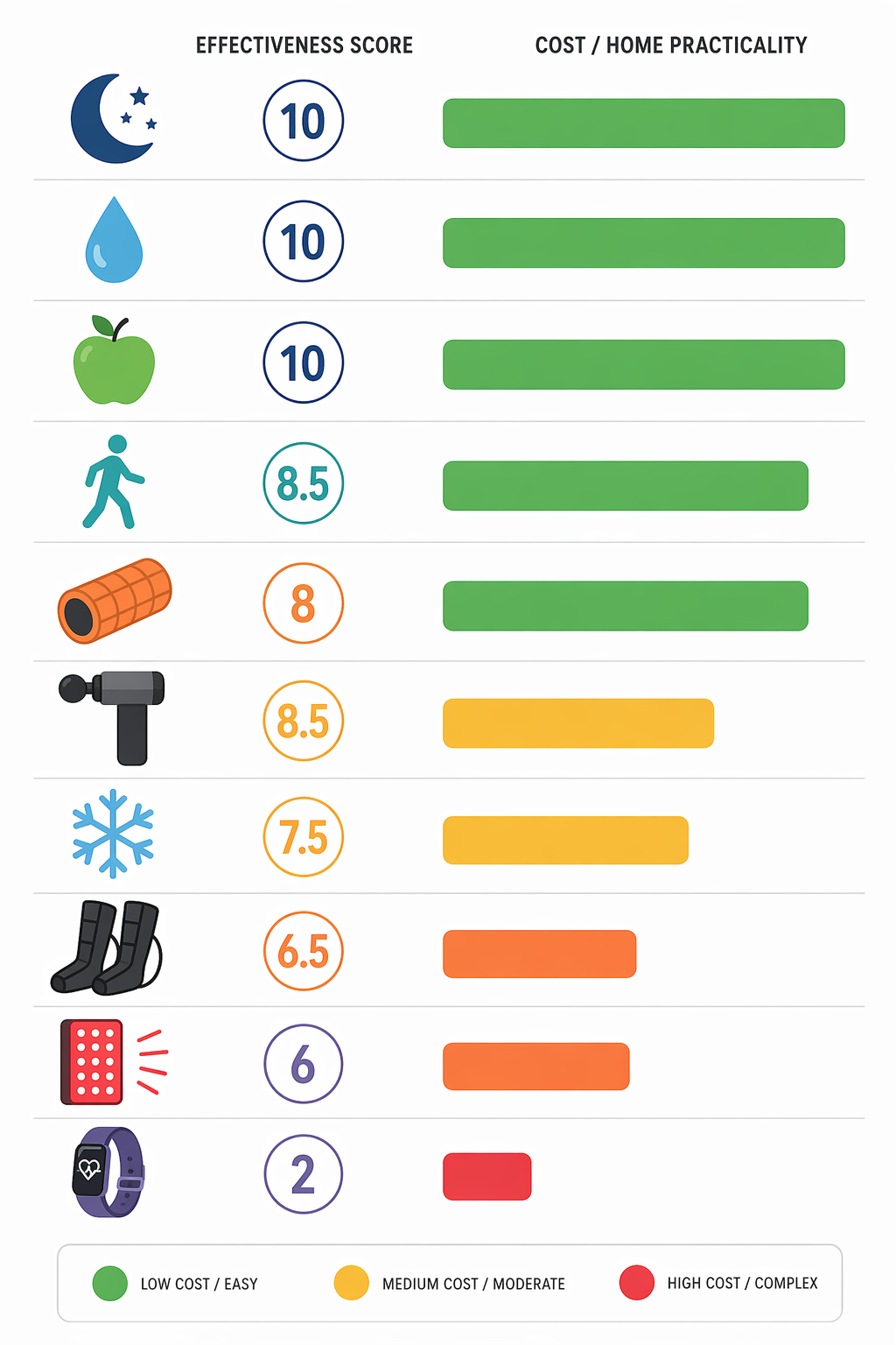 A flat vector comparison chart ranking recovery methods vertically by effectiveness. Icons from top to bottom: moon (10), water drop (10), apple (10), walking figure (8.5), massage gun (8.5), foam roller (8), snowflake (7.5), compression boots (6.5), light waves (6), heart rate band (2). Each icon has a colored bar: green for top methods (low cost, high practicality), yellow for mid-range, red for lower-rated (higher cost or complexity).