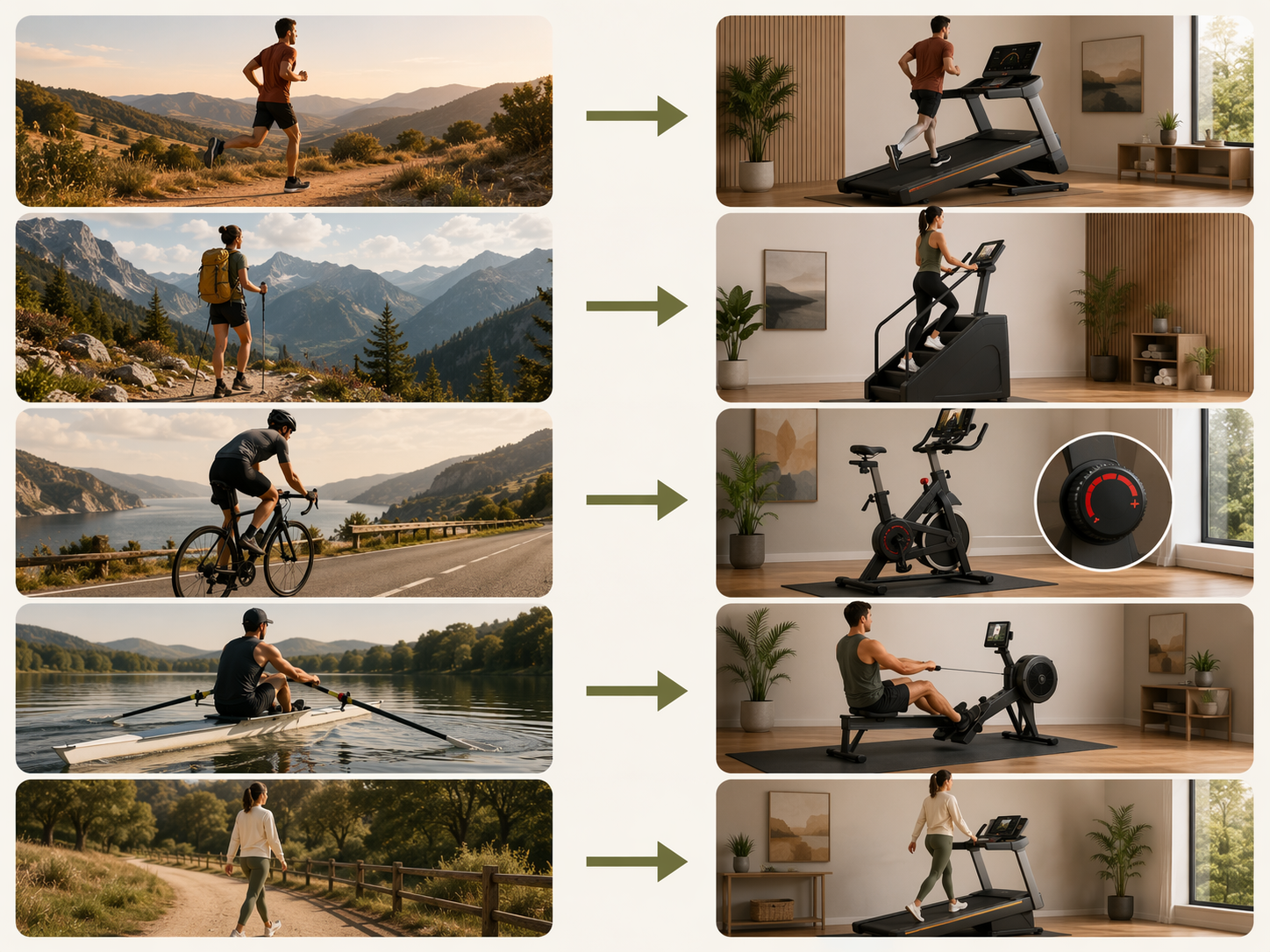 Infographic connecting outdoor running, hiking, cycling, rowing, and walking to matching indoor workout equipment