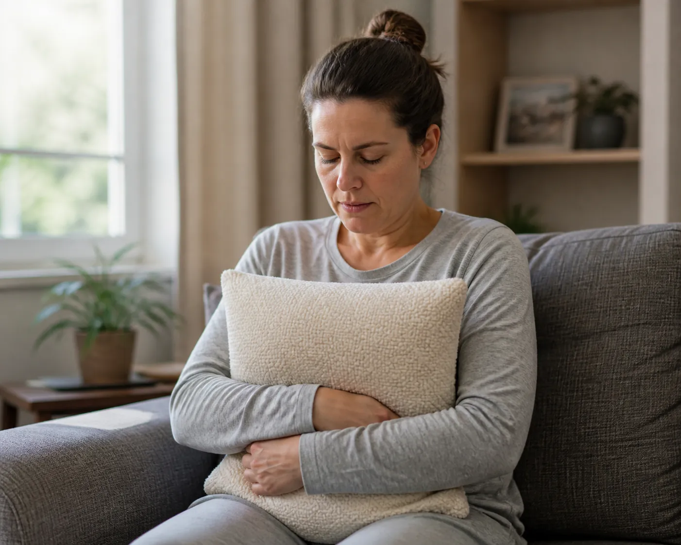 A woman holding a cushion against her lower abdomen while demonstrating a supported cough at home