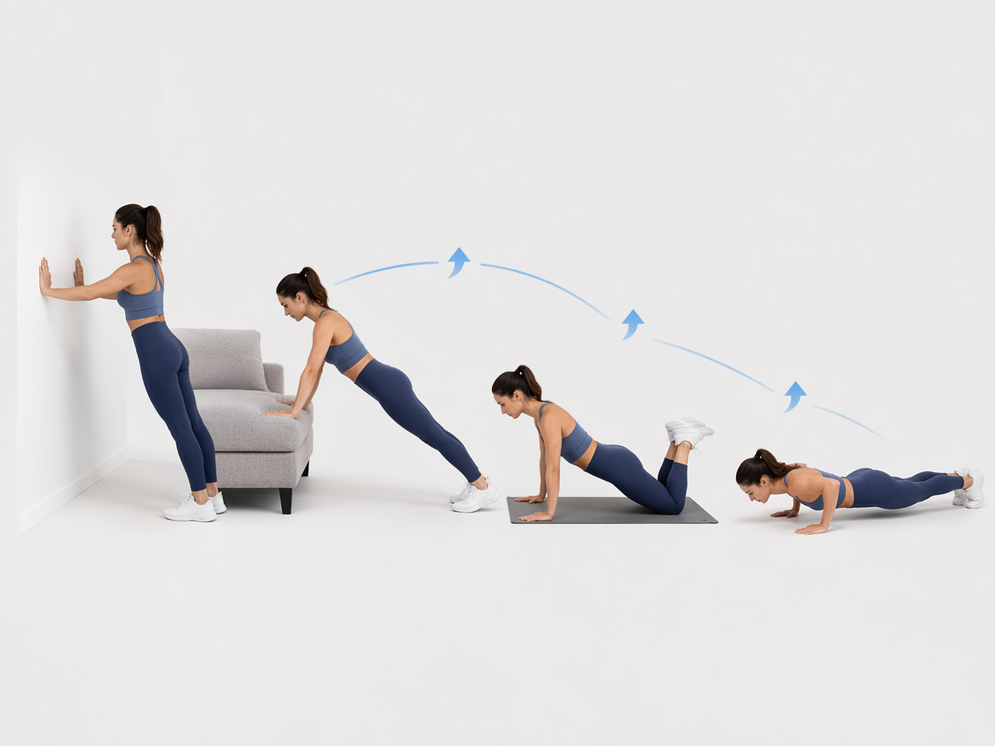 Four-level pushup progression from wall pushup to incline pushup to knee pushup to full pushup