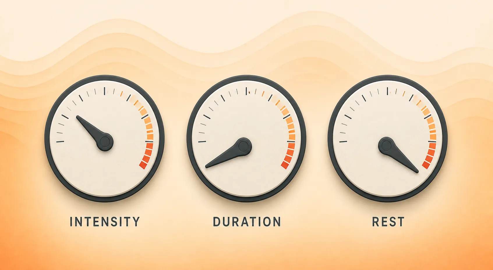 Three adjustment dials labeled intensity, duration, and rest against a heat-wave background