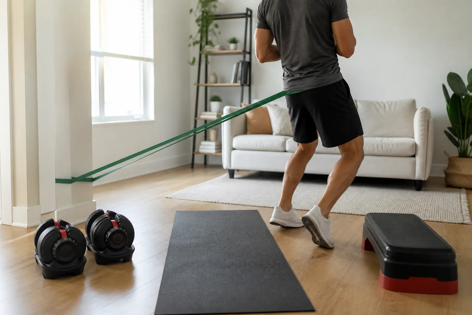 Person performing band-resisted reverse walking in a bright apartment living room with dumbbells, a mat, and a step nearby