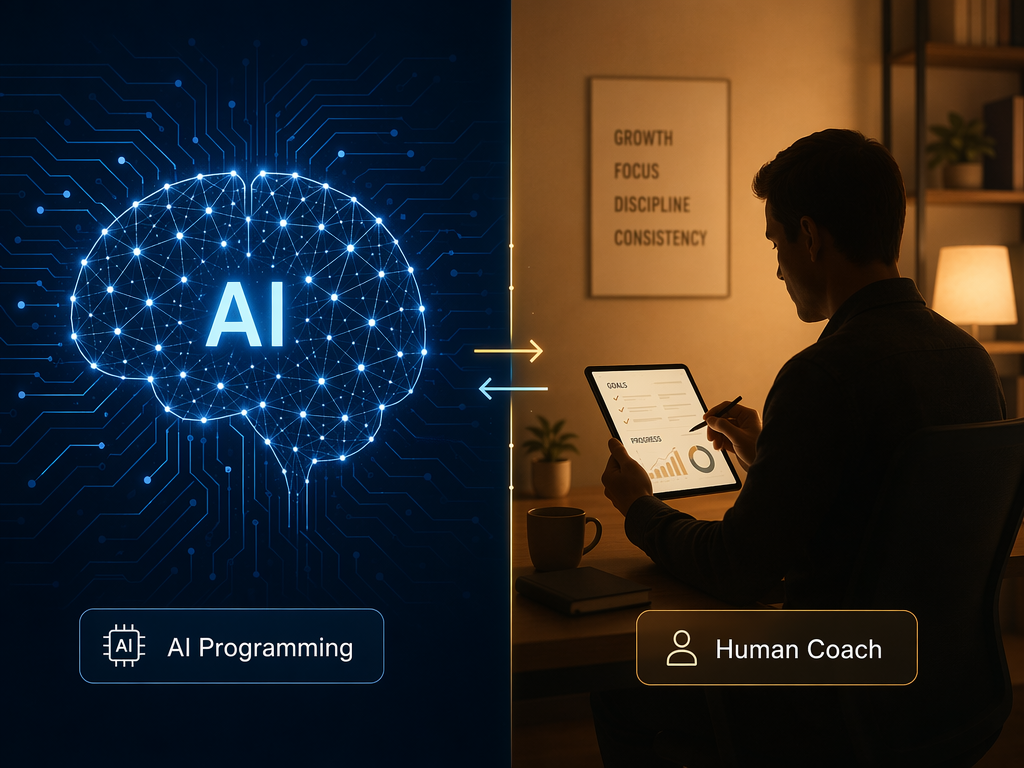 A split editorial illustration with a dark blue left side showing an abstract AI brain icon made of data nodes and connecting lines labeled 'AI Programming', and a warm amber right side showing a human silhouette reviewing a tablet labeled 'Human Coach', separated by a subtle divider with bidirectional arrows.