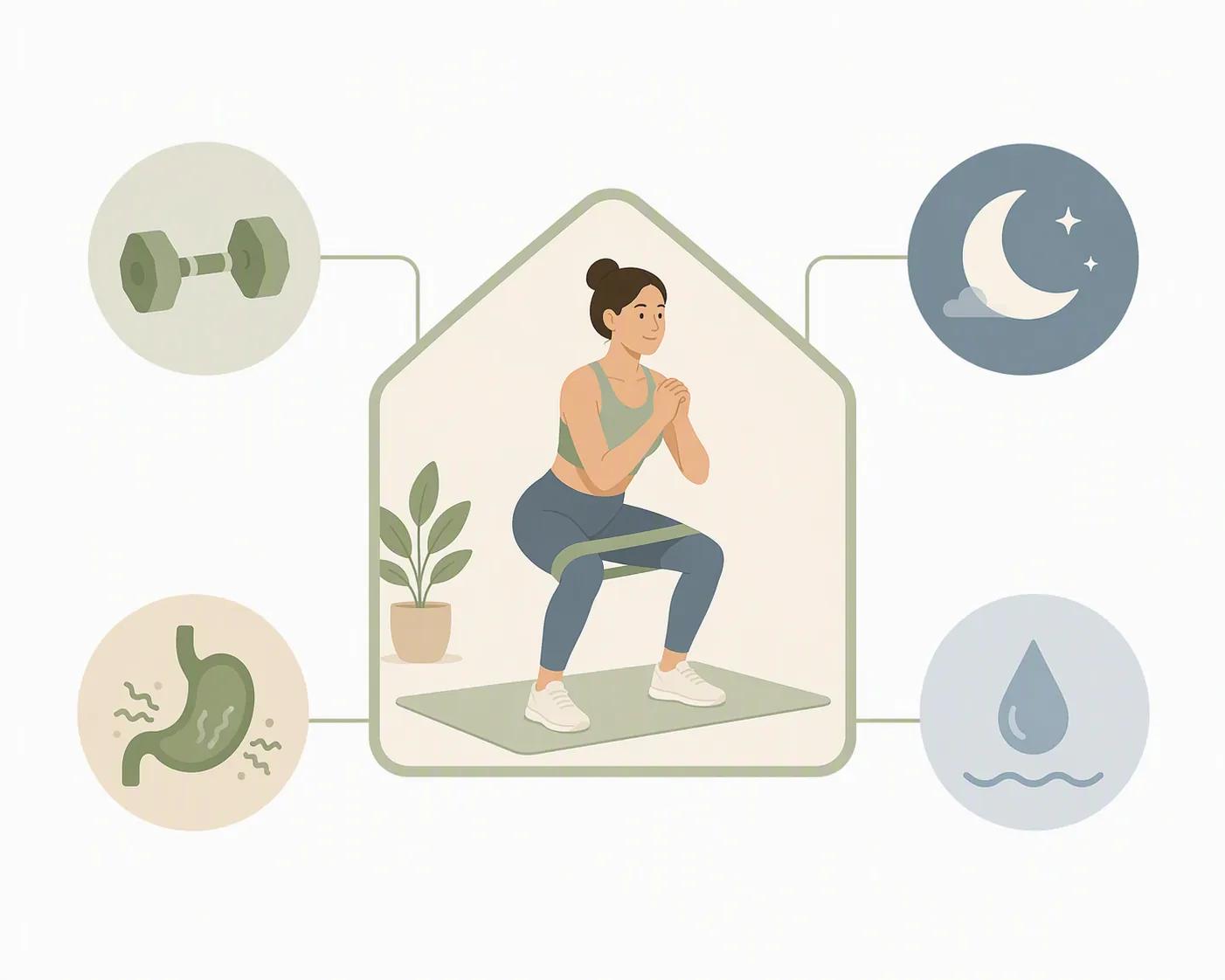 Illustration of a person doing a banded squat inside a house shape, connected to icons for strength, sleep, nausea, and hydration