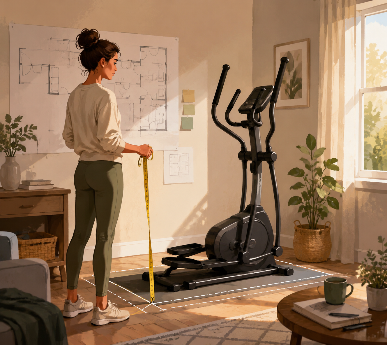 Person measuring the space around an elliptical machine in a bright home room