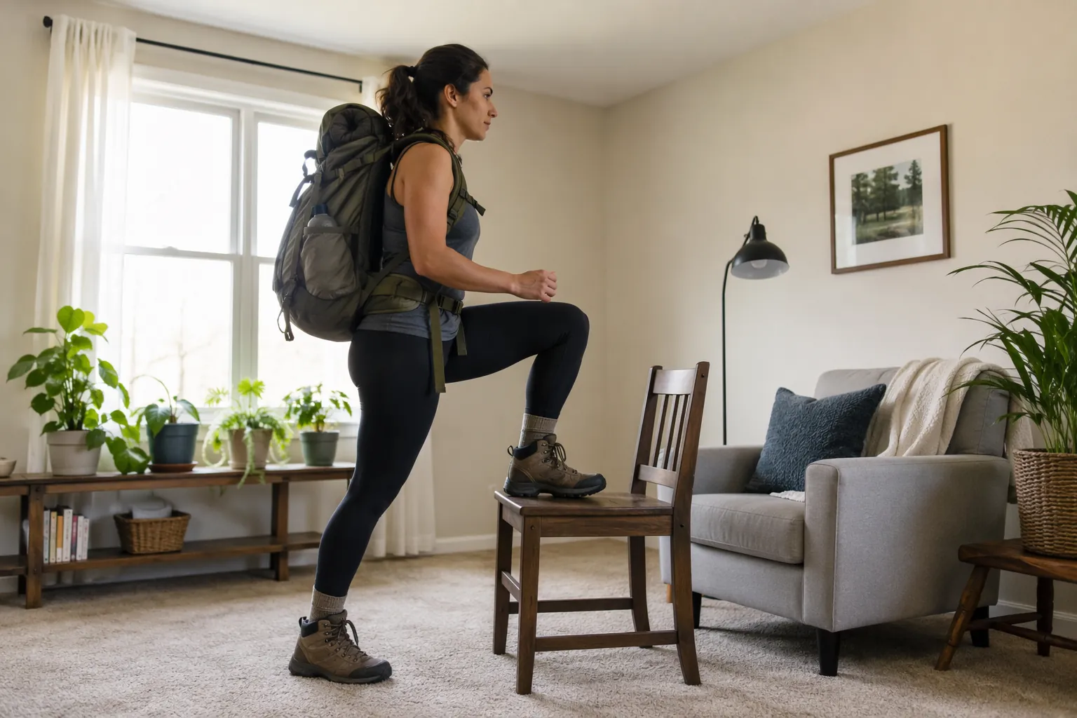 A hiker wearing a loaded backpack performs a controlled step-up onto a chair in a living room.