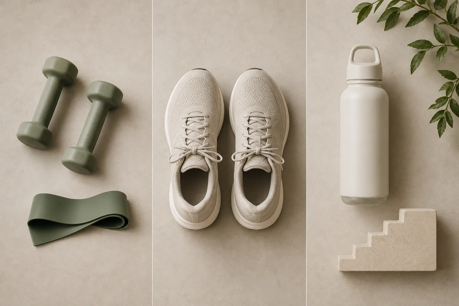 Flat-lay of dumbbells, resistance band, running sneakers, water bottle, and stair-step block arranged as a strength, cardio, and movement mix