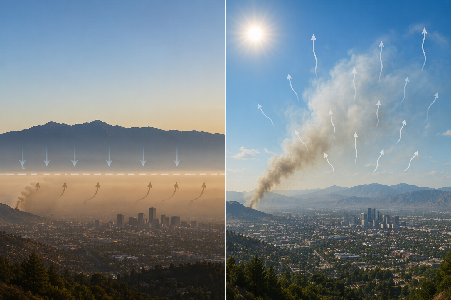 Morning inversion trapping wildfire smoke near the ground compared with afternoon mixing dispersing smoke upward