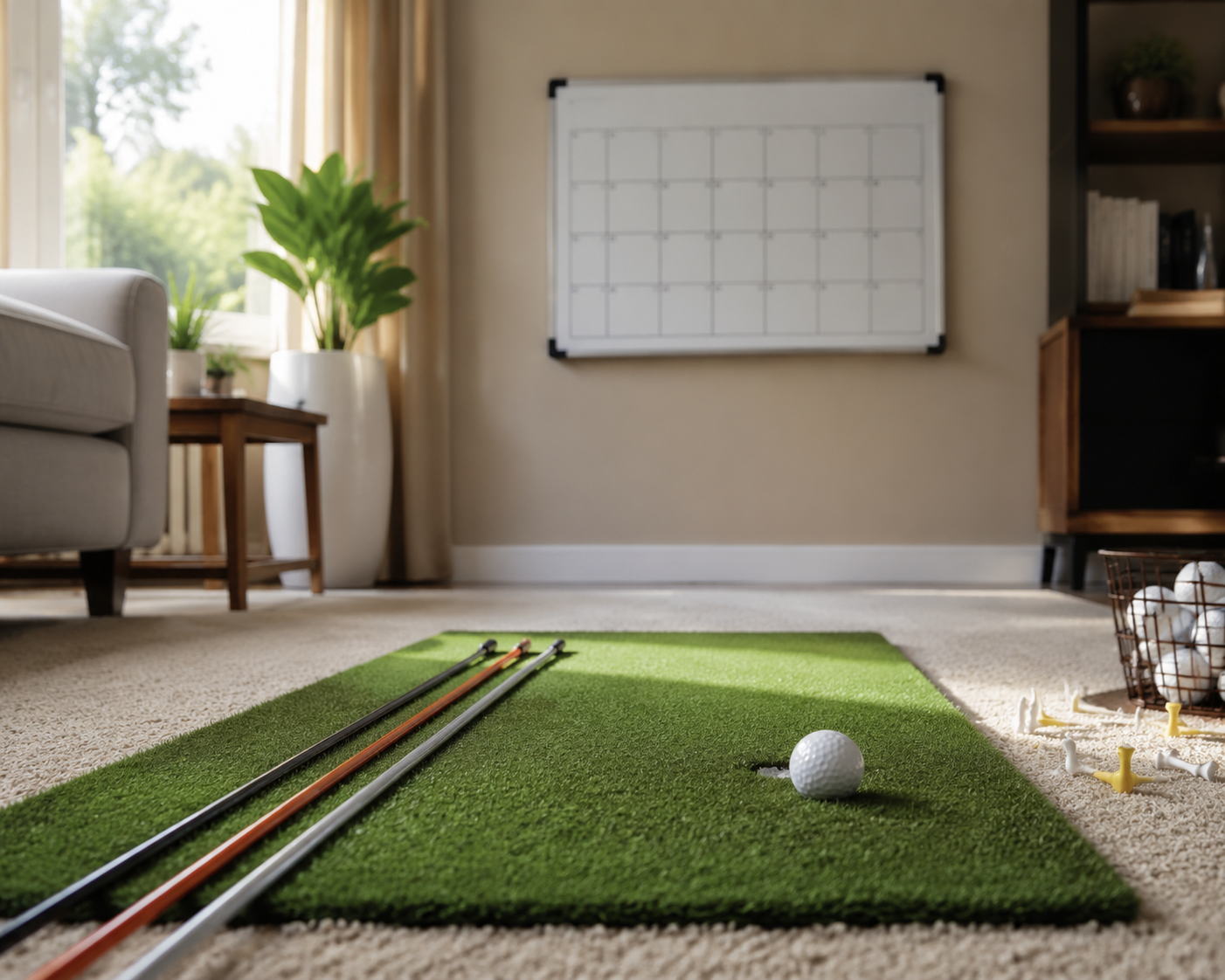 Home golf practice setup on a living room carpet with a mat, ball, alignment sticks, and a weekly schedule board