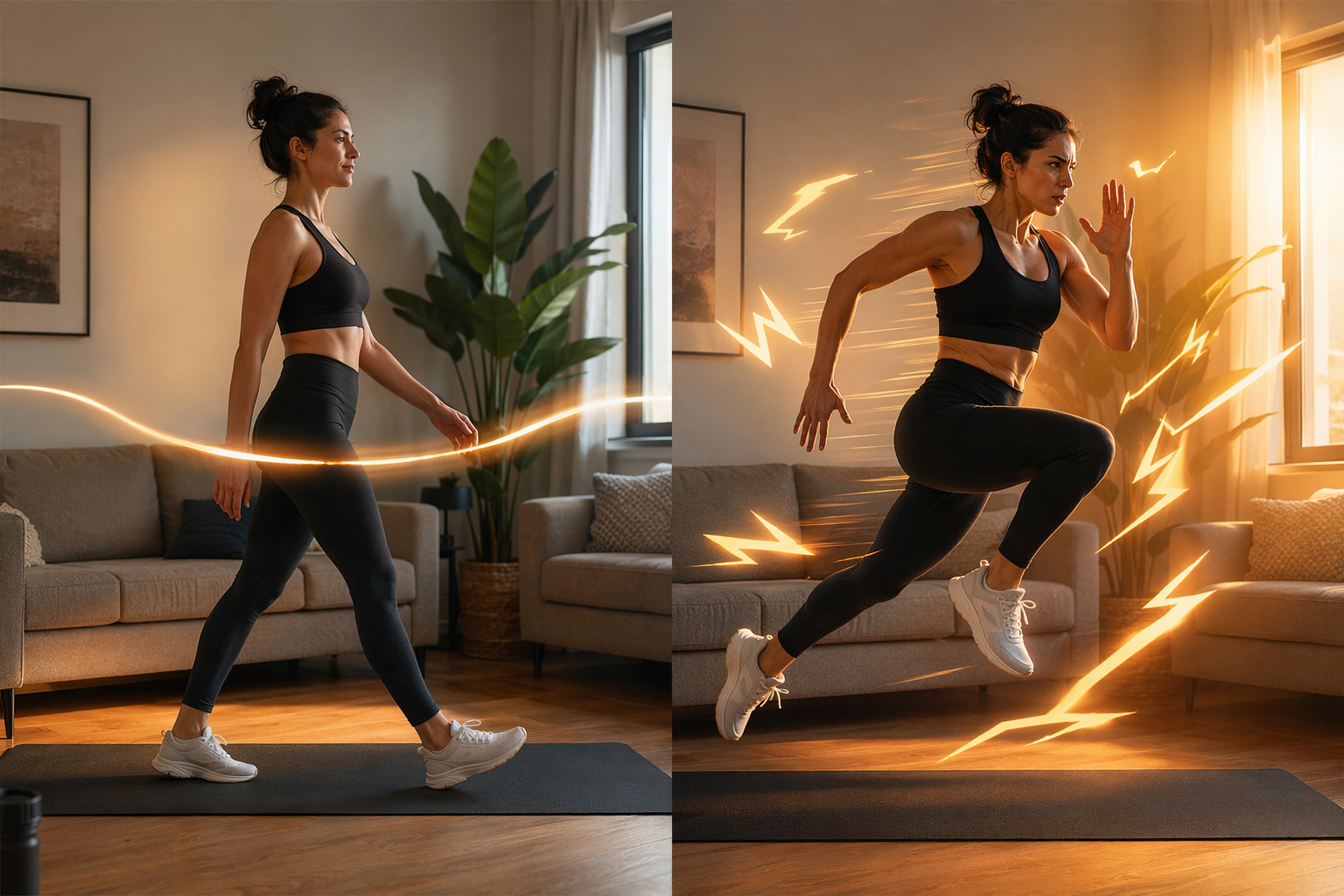 Split-scene editorial image of a living room: left side a person walking steadily on a mat with flowing motion lines; right side the same person mid-explosive lunge with sharper, brighter lines.