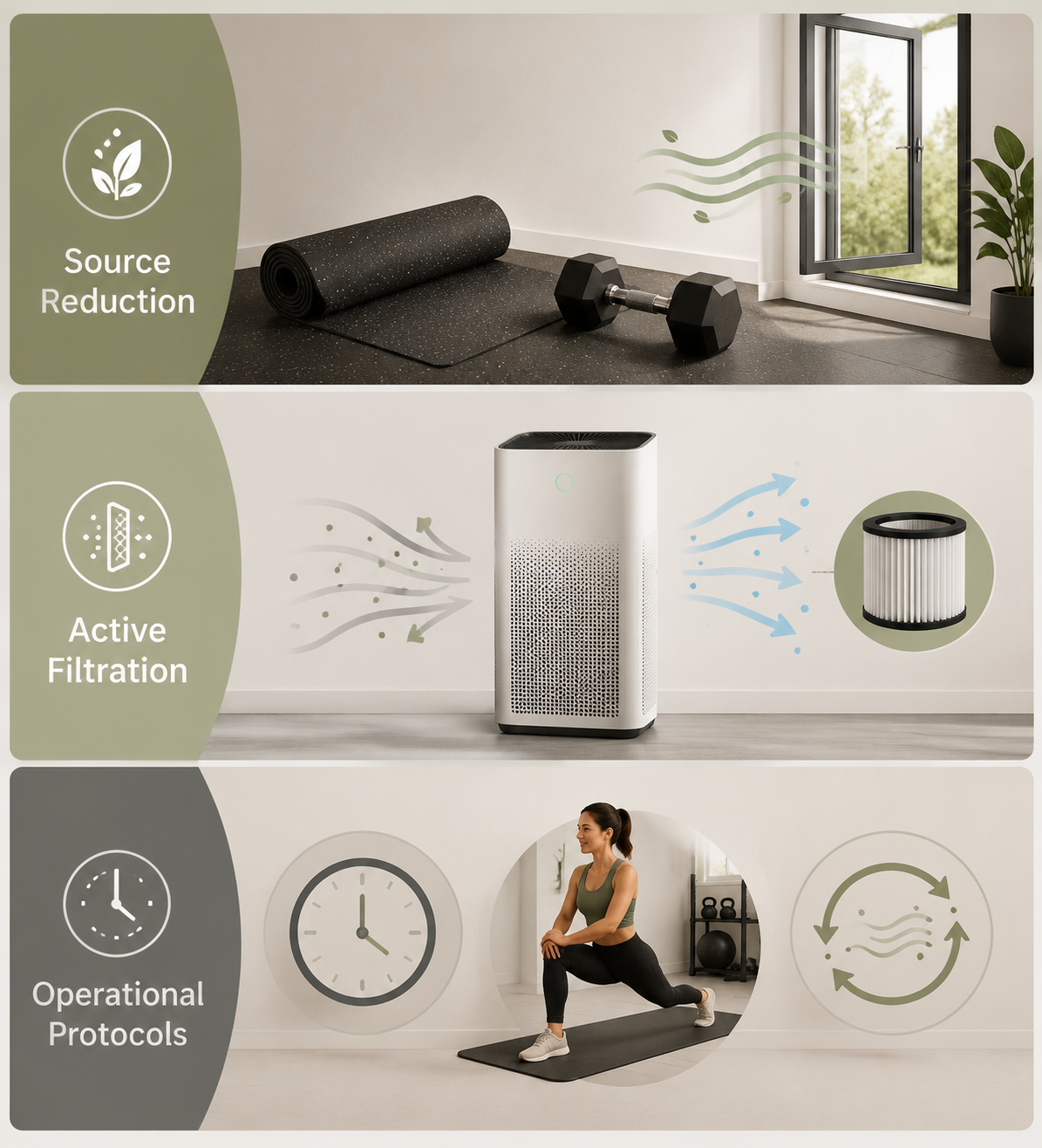Three-layer home gym air quality framework showing source reduction, active filtration, and operating protocols