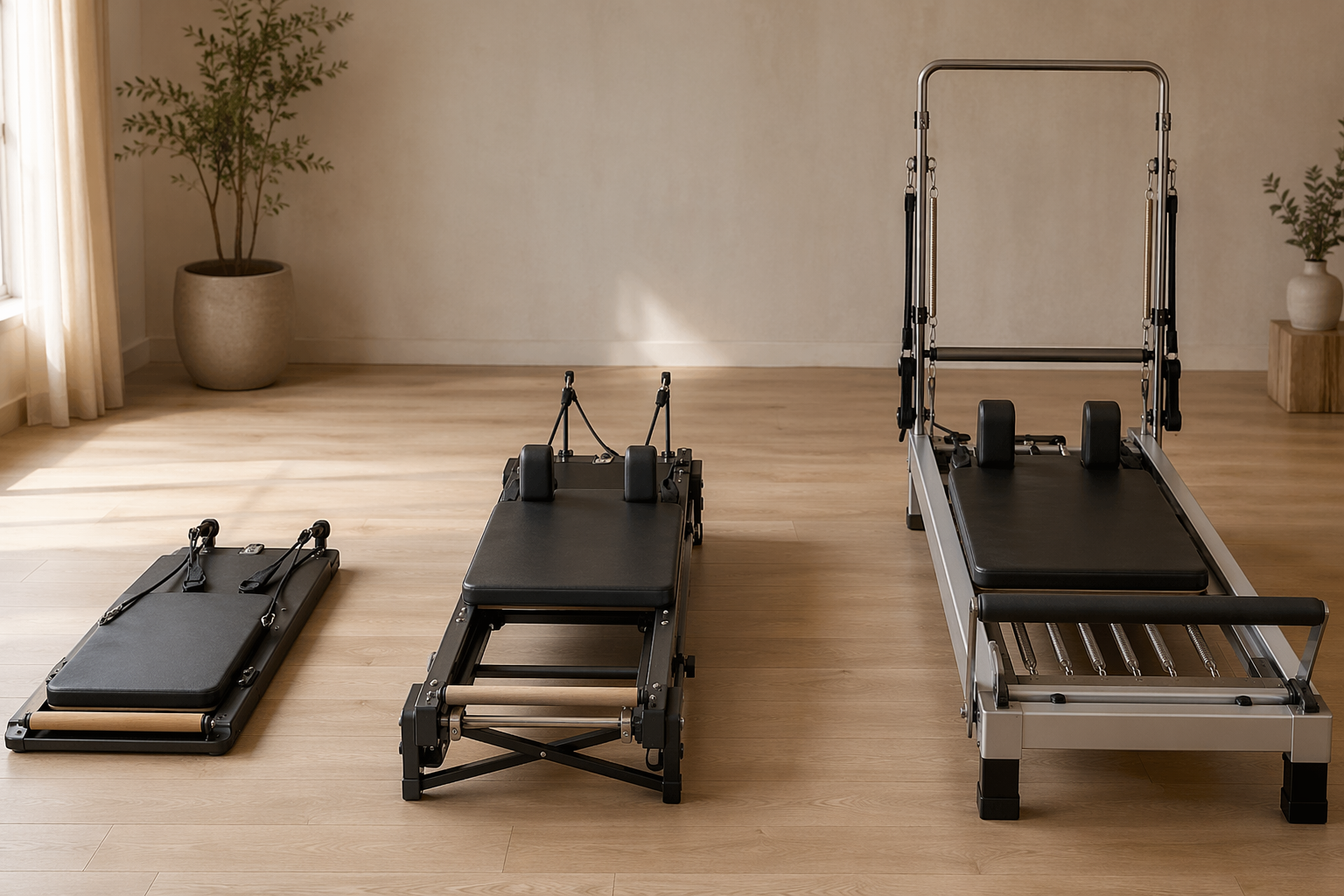 Portable Pilates board, foldable reformer, and studio-grade reformer shown from smallest to largest