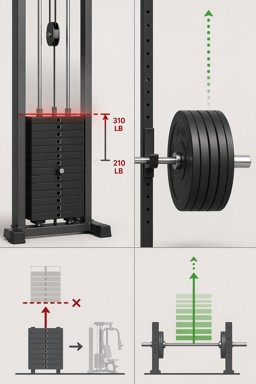 Visual comparison of a weight stack capped at 210-310 lbs versus a barbell with unlimited plate loading, with arrows showing upgrade ceilings
