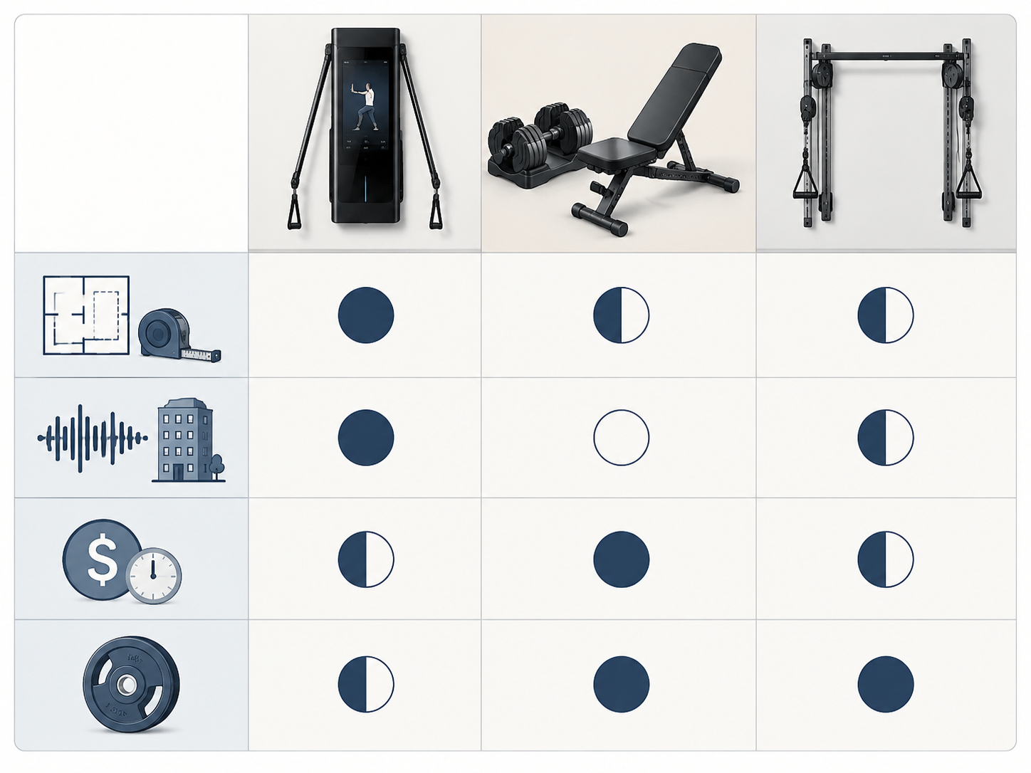 Comparison grid showing smart machine, free weights, and cable system across space, noise, cost, and resistance constraints