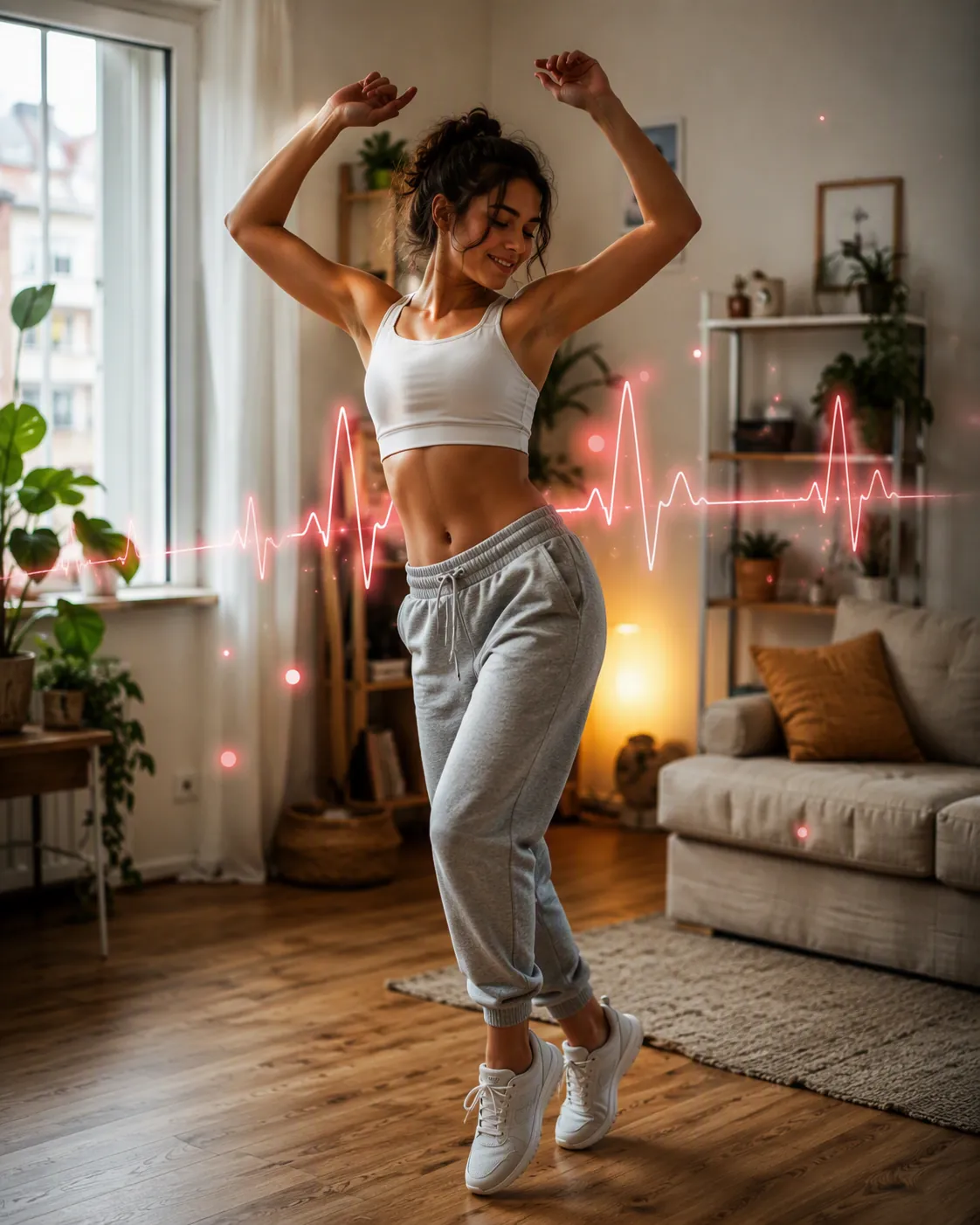 Woman dancing in a small apartment living room with a glowing heart-rate line around her