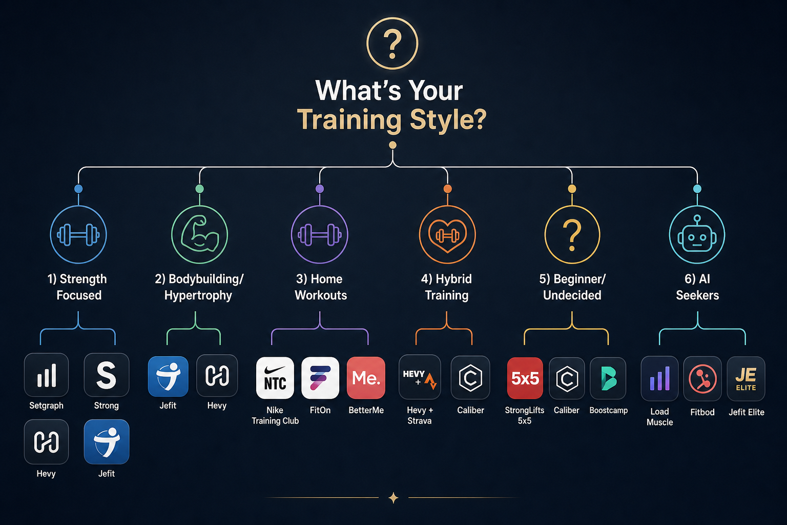 Decision tree infographic with 'What's Your Training Style?' at top branching into 6 paths (Strength, Bodybuilding, Home Workouts, Hybrid Training, Beginner, AI Seekers), each leading to app icon badges for the recommended apps.