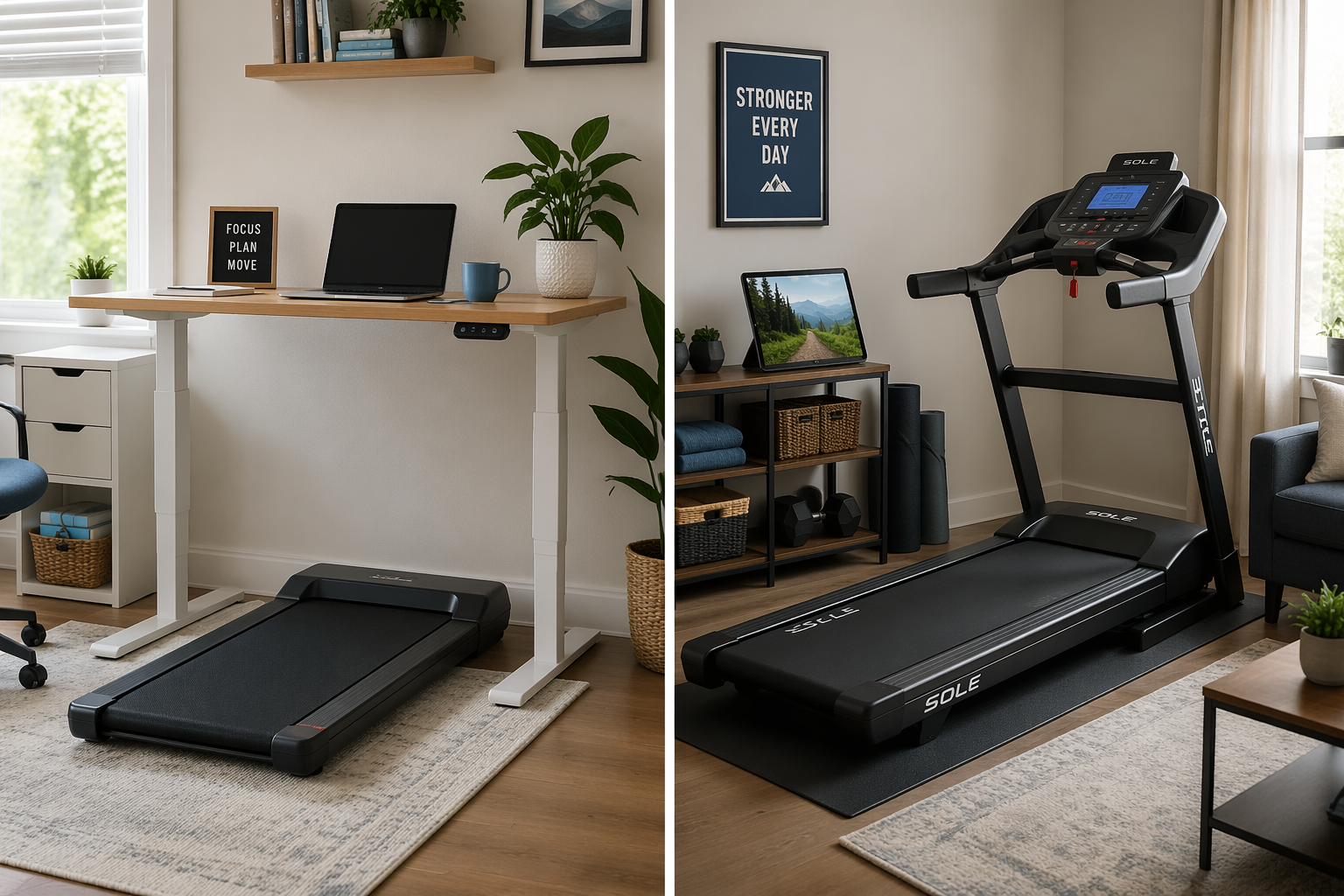 A split-composition home scene. Left side: a compact walking pad placed under a standing desk in a bright home office with a laptop, coffee mug, and plant. Right side: a full-sized folding treadmill in a dedicated living room corner with a tablet on a media rack showing a walking trail. Warm natural lighting, muted blue-gray color palette, no people visible.