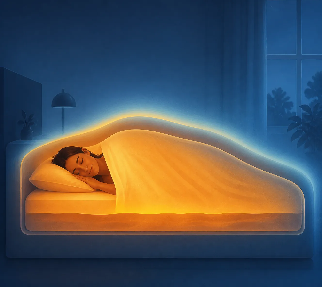 A sleeping person under a blanket with warm air under the bedding and cooler air in the room