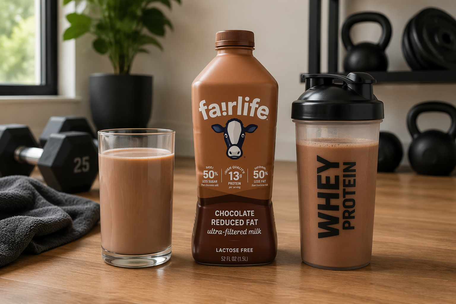 Regular chocolate milk, Fairlife chocolate milk, and a whey protein shake arranged in a home gym
