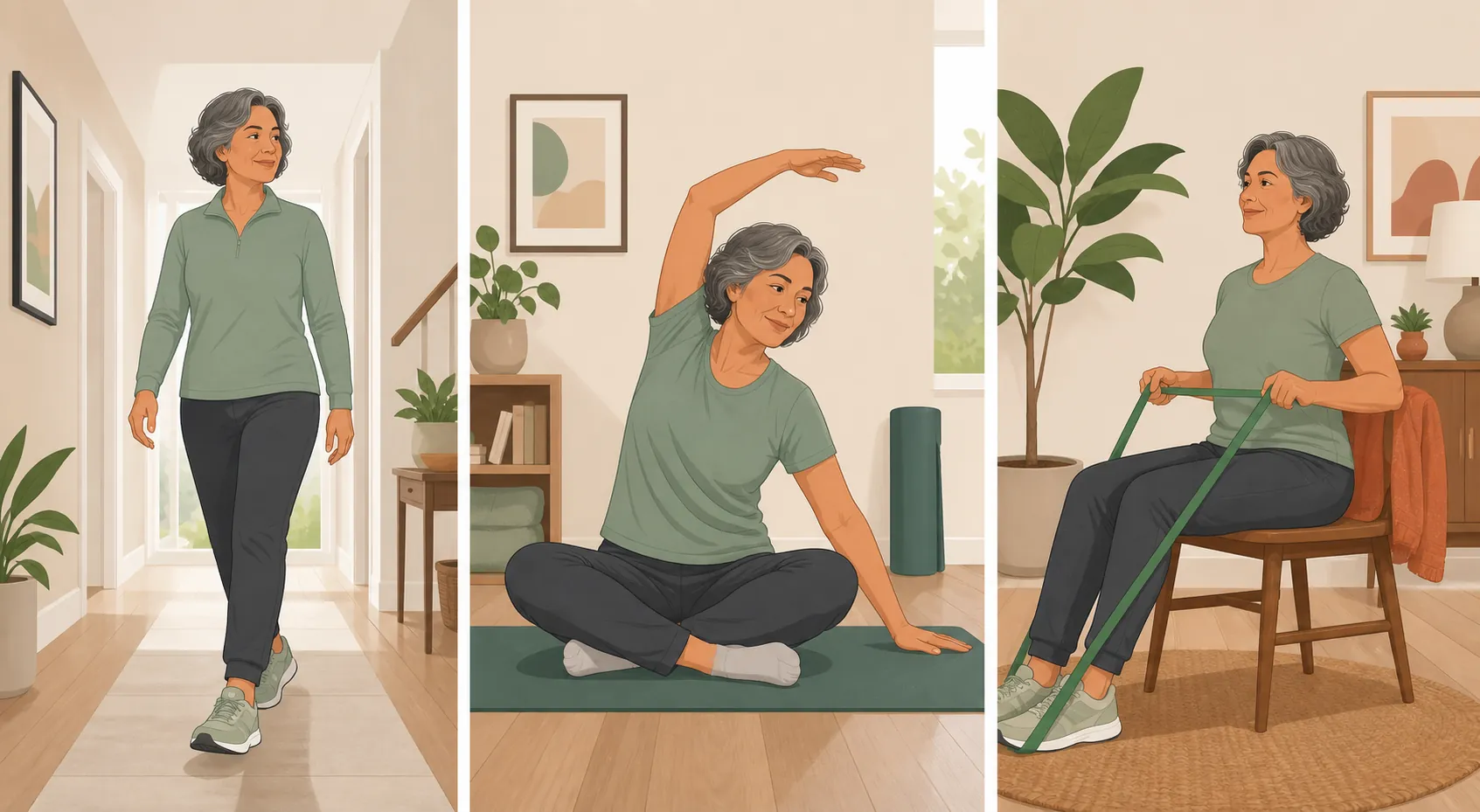 Illustration of a gentle home movement week with hallway walking, seated mobility, and a seated resistance-band row