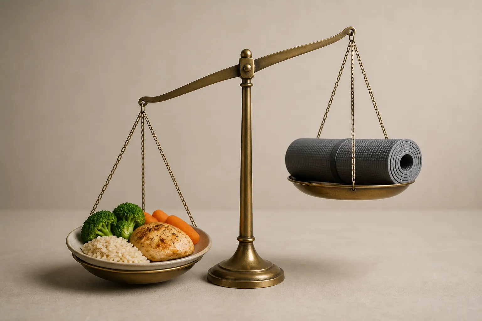 A balance scale showing a healthy meal outweighing a rolled exercise mat